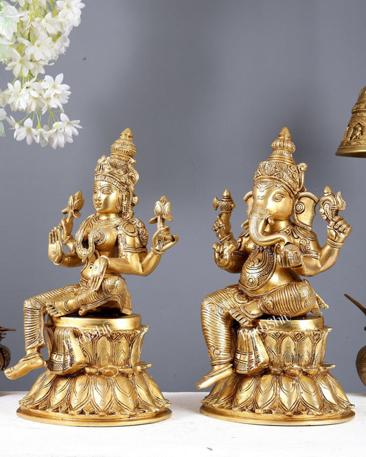 Pure Brass Ganesh Lakshmi on Lotus Idols – Divine Prosperity Duo for Home Temple 15 inch - Budhshiv.com