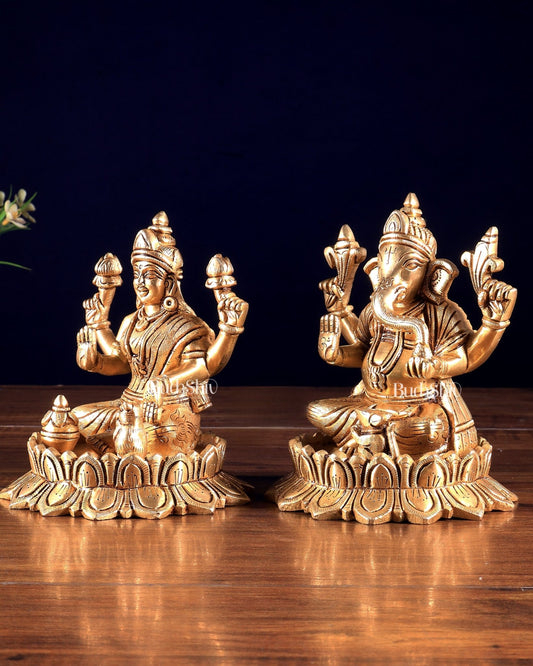 Pure Brass Ganesh Lakshmi on Lotus Idols – Divine Prosperity Duo for Pooja Rooms 6 inch - Budhshiv.com