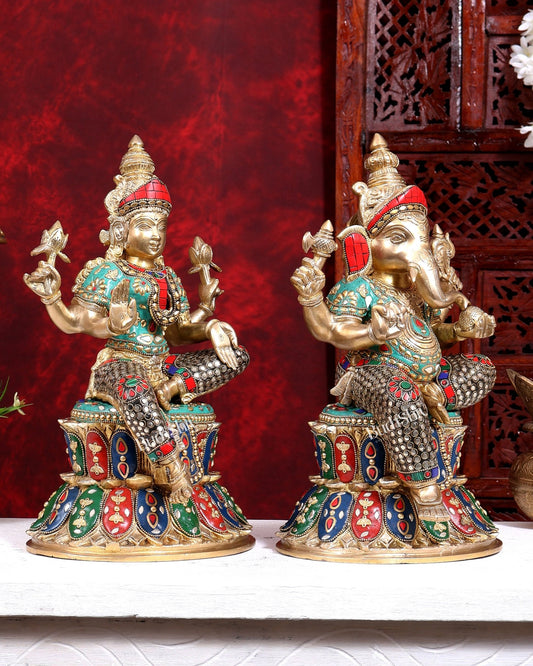 Pure Brass Ganesh Lakshmi on Lotus Idols with stonework 15 inch - Budhshiv.com