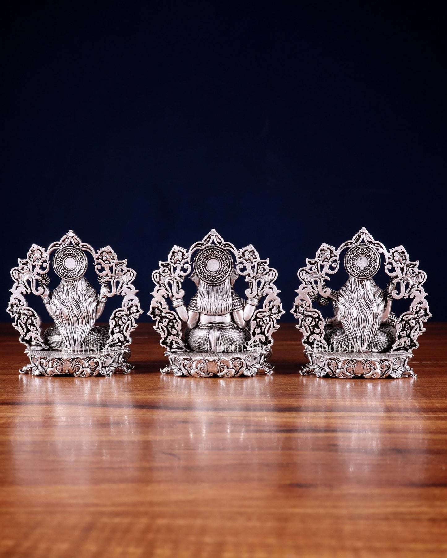Pure Brass Ganesh Lakshmi Saraswati Idol - 4 Inch silver plated - Budhshiv.com