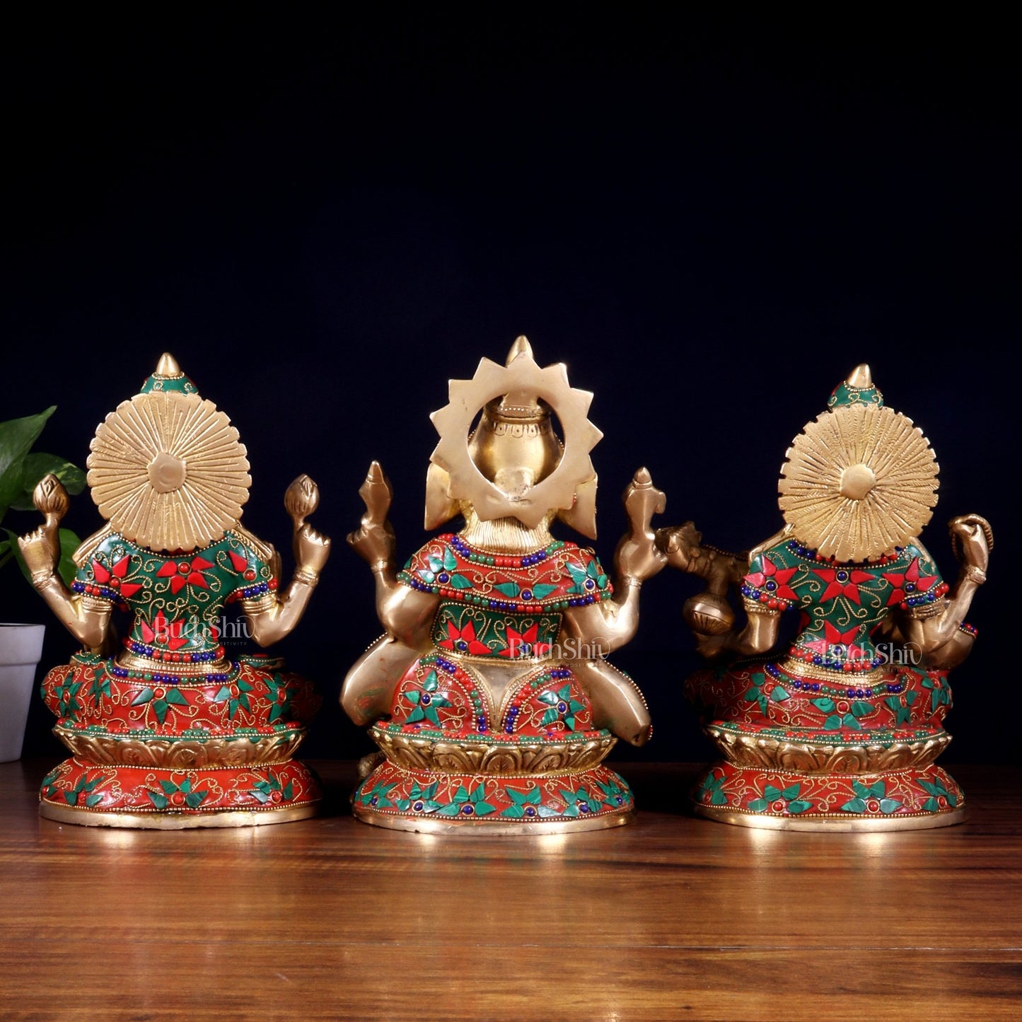 Pure Brass Ganesh Lakshmi Saraswati Idol Set – Intricate Floral Stonework 9.5 inch - Budhshiv.com