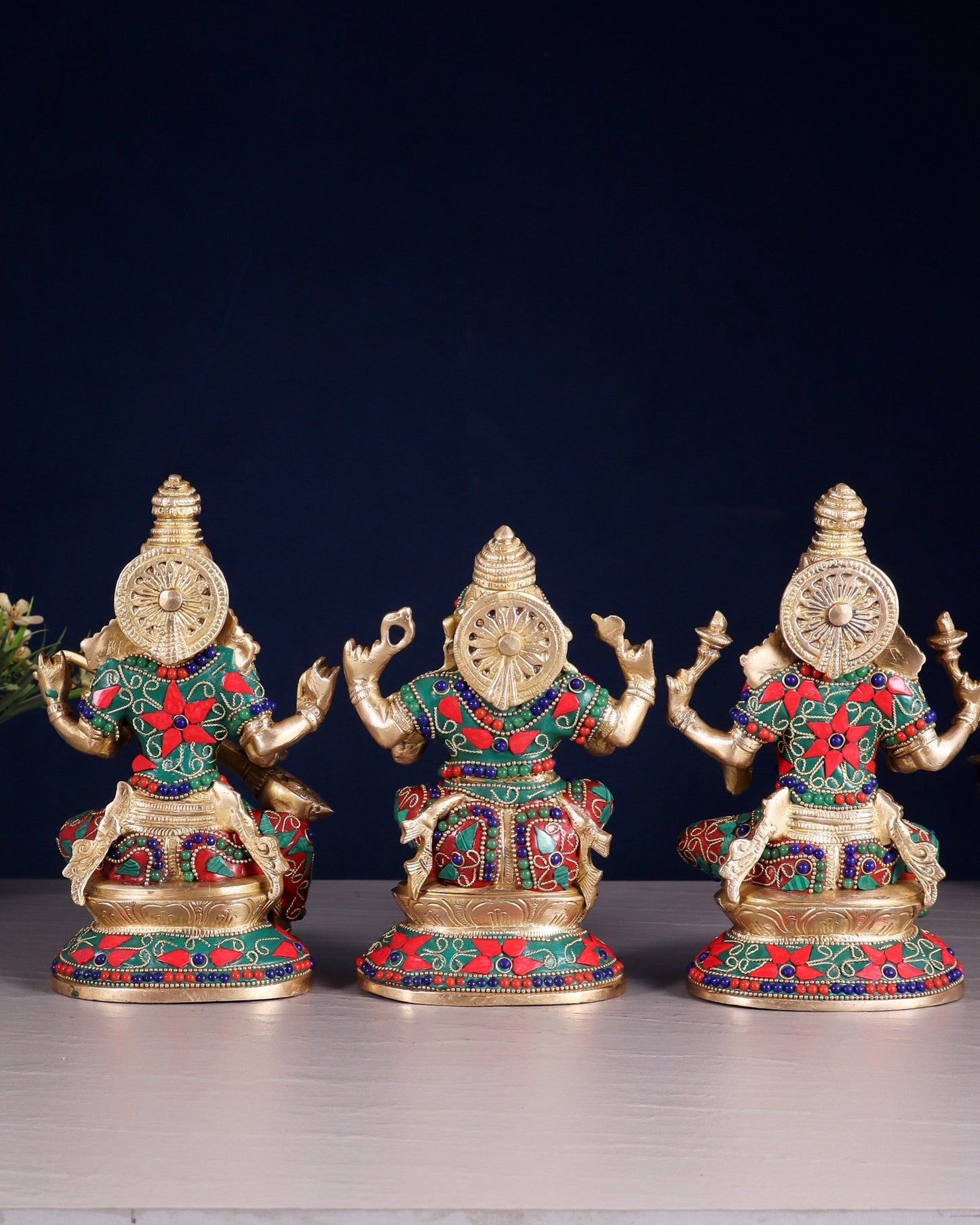 Pure Brass Ganesh Lakshmi Saraswati Idols – Floral Meenakari Stonework 8" - Budhshiv.com