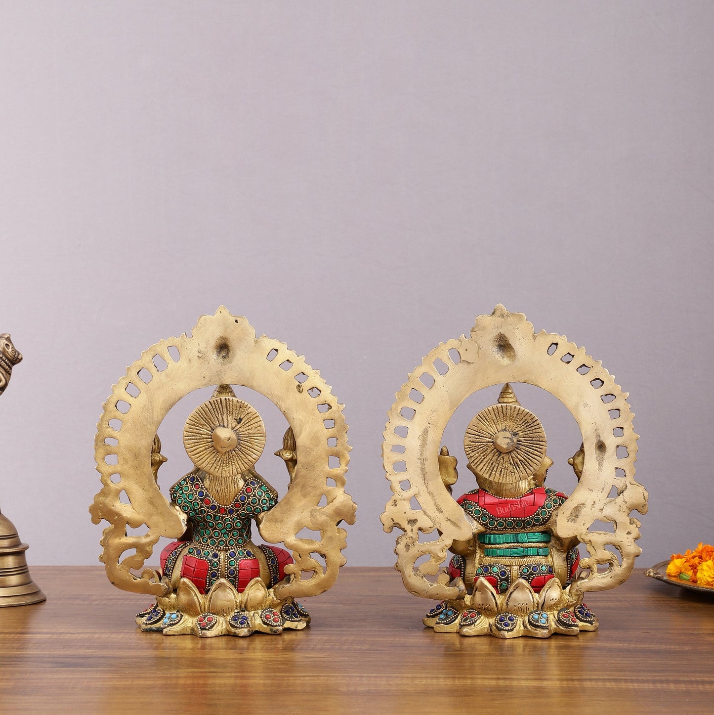 Pure Brass Ganesha and Lakshmi Idols with Meenakari Stonework 9.5" - Budhshiv.com