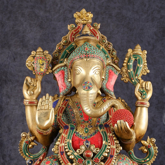 Pure Brass Ganesha Idol on lotus - 21" - Budhshiv.com