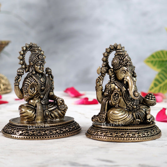 Pure Brass Ganesha - Lakshmi Idol Pair 3" - Budhshiv.com