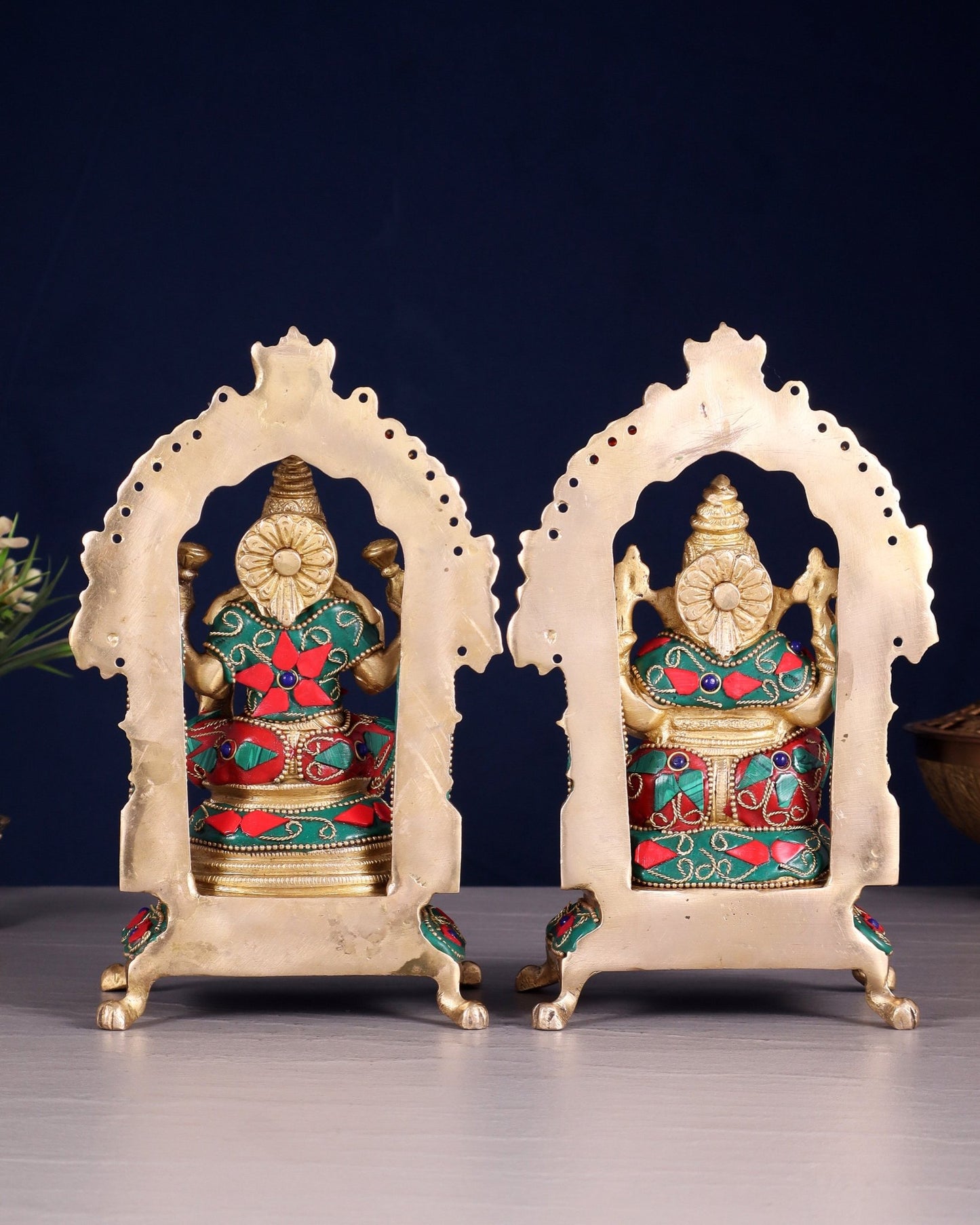 Pure Brass Ganesha Lakshmi Idol Set | floral Stonework 8" - Budhshiv.com