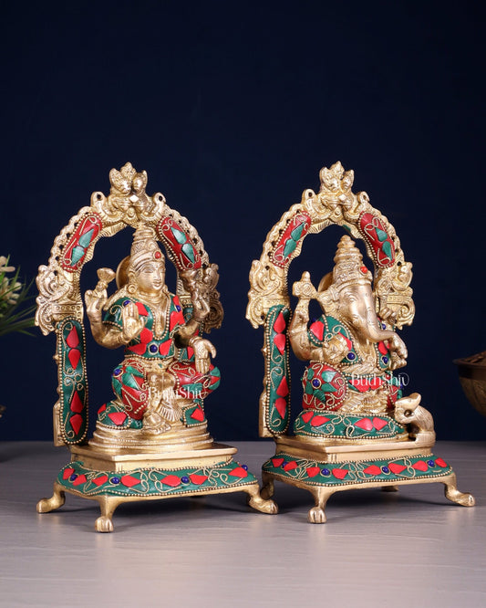 Pure Brass Ganesha Lakshmi Idol Set | floral Stonework 8" - Budhshiv.com