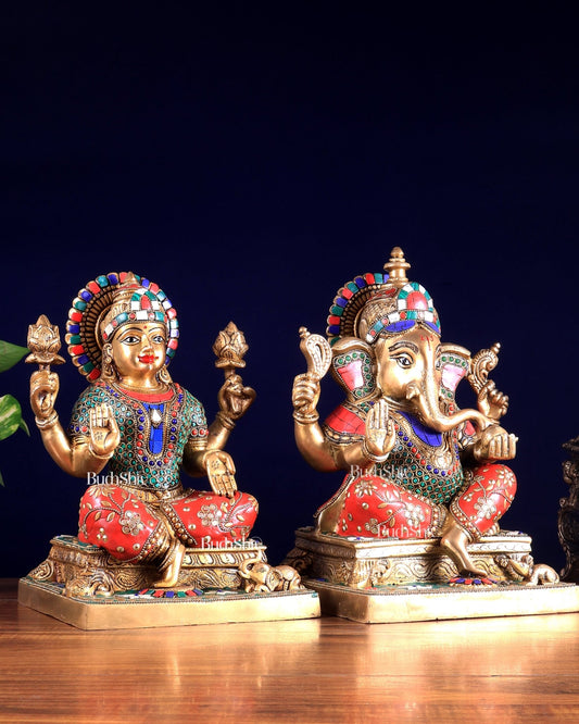Pure Brass Ganesha Lakshmi idols 12 inch meenakari - Budhshiv.com