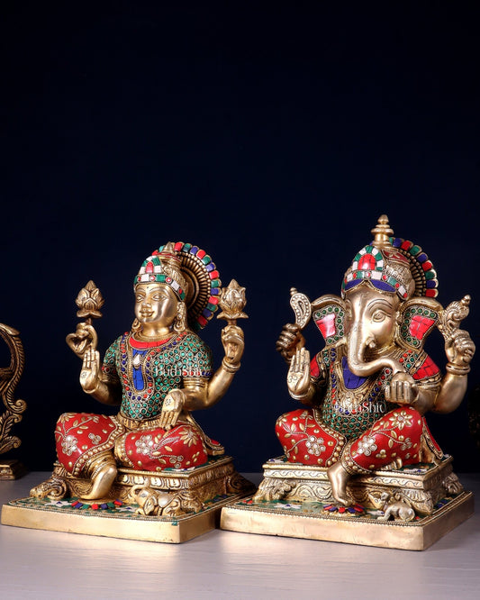 Pure Brass Ganesha Lakshmi idols 12 inch multicolour - Budhshiv.com