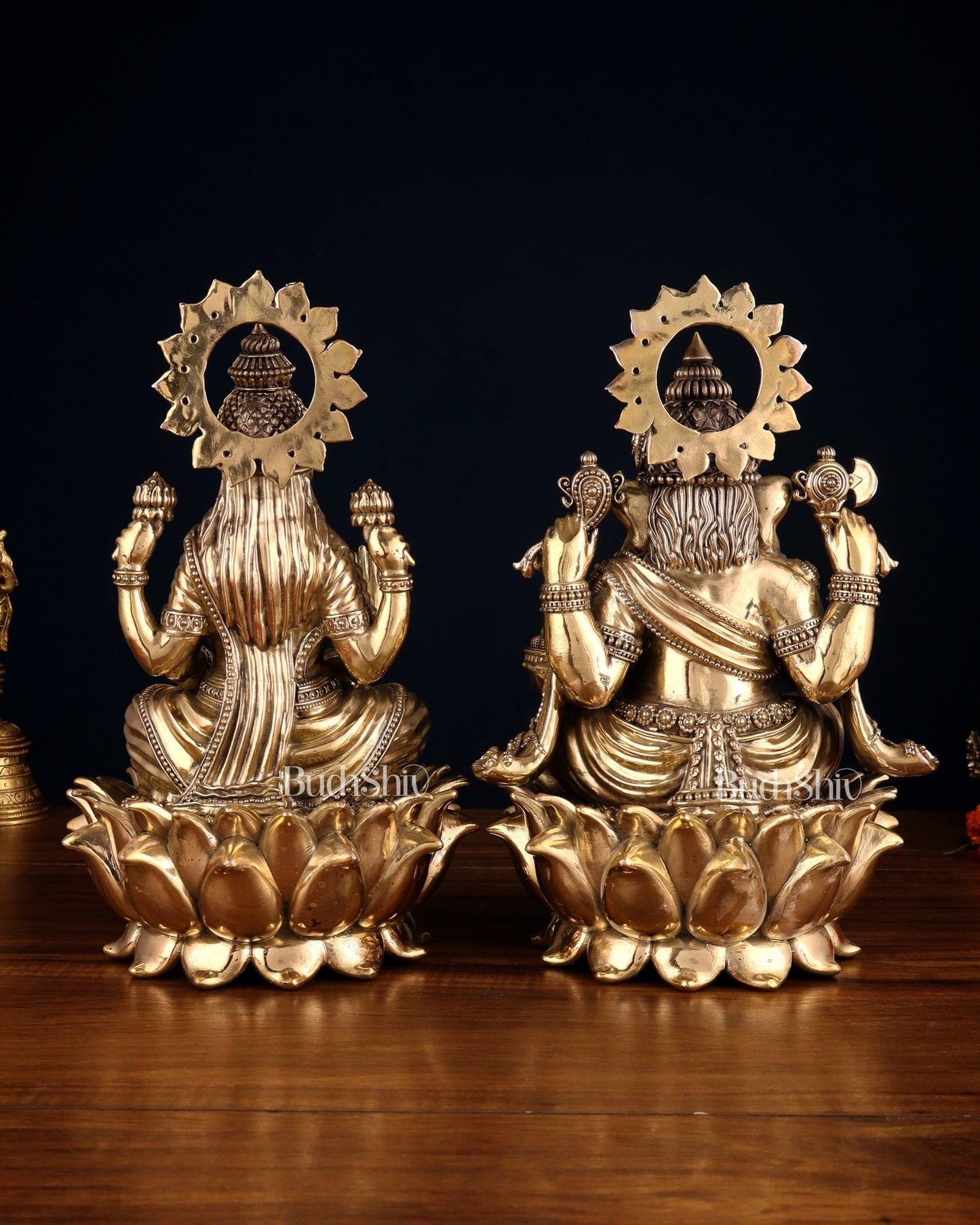 Pure Brass Ganesha & Lakshmi on Lotus – Padmasan Mudra Idol Pair 6 inch - Budhshiv.com