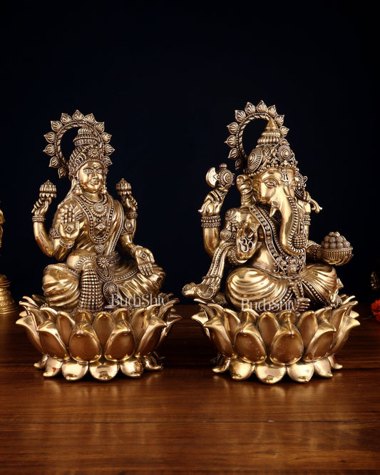 Pure Brass Ganesha & Lakshmi on Lotus – Padmasan Mudra Idol Pair 6 inch - Budhshiv.com