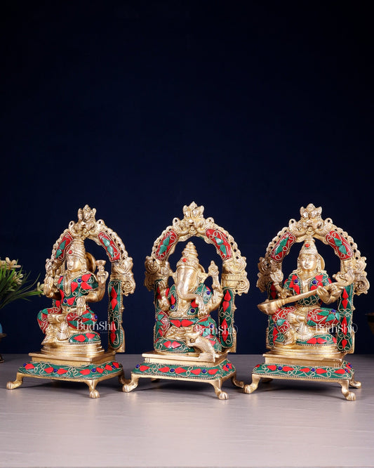Pure Brass Ganesha, Lakshmi, Saraswati Idol Set | floral Stonework 8" - Budhshiv.com