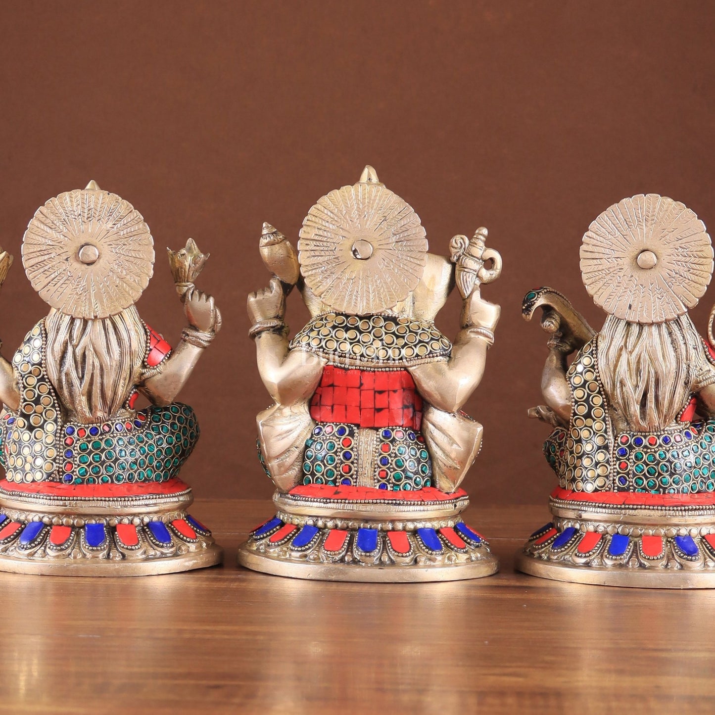 Pure Brass Ganesha, Lakshmi, Saraswati Idols with Stonework 8" - Budhshiv.com