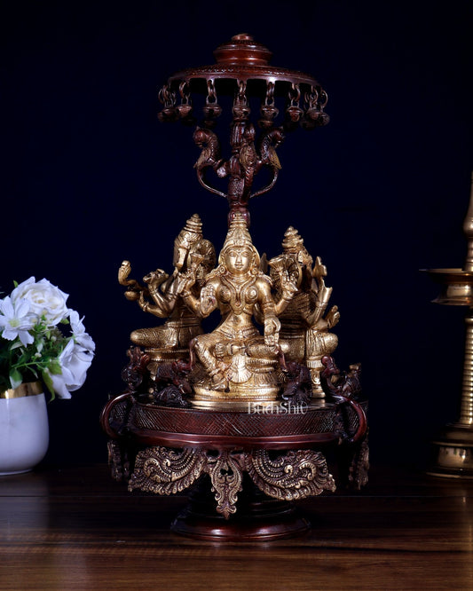 Pure Brass Ganesha Lakshmi Saraswati Revolving Statue – Dual Tone Copper - Gold Finish 14 inch - Budhshiv.com