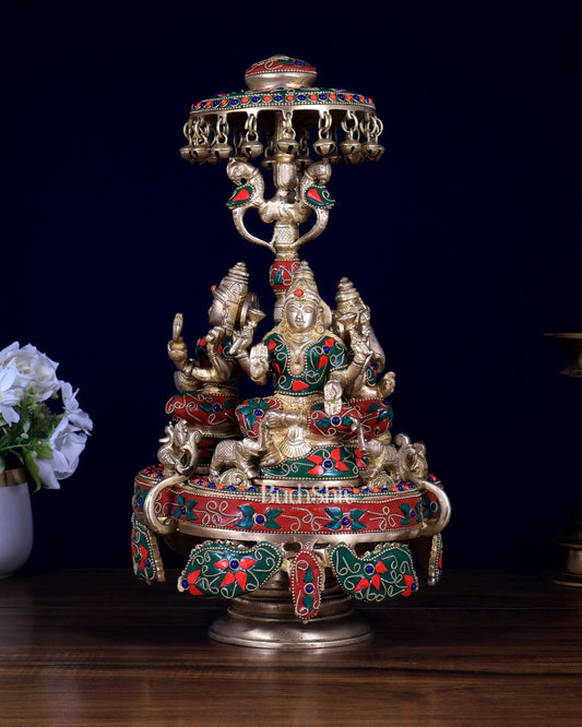 Pure Brass Ganesha Lakshmi Saraswati Revolving Statue – Floral Meenakari & Stonework - Budhshiv.com