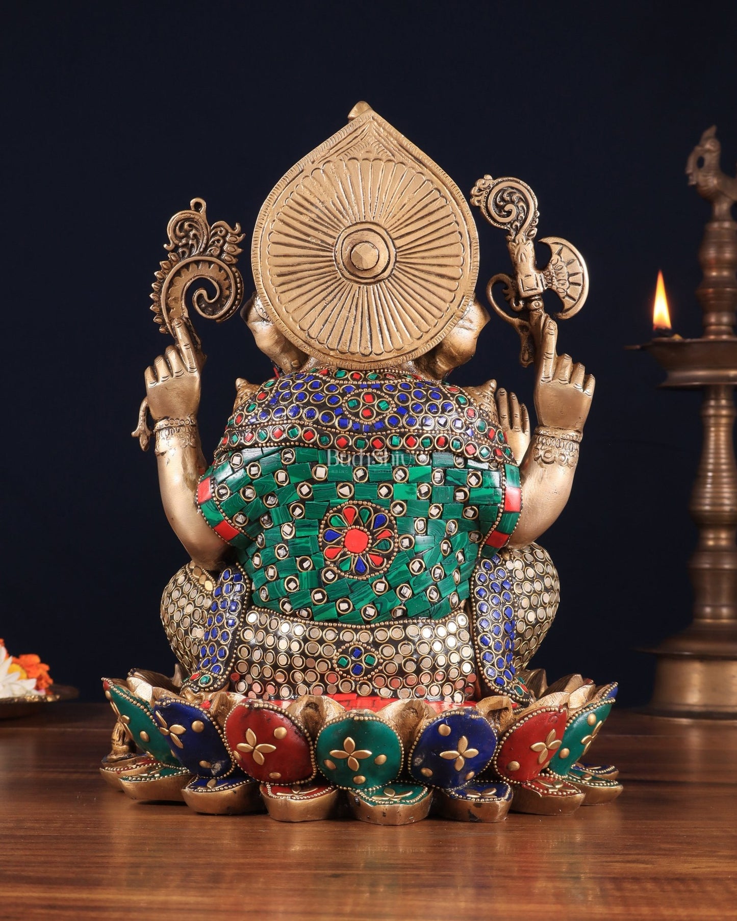 Pure Brass Ganesha on Lotus Idol 11 inch stonework - Budhshiv.com