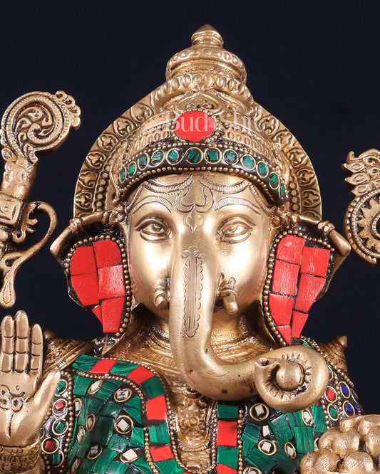 Pure Brass Ganesha on Lotus Idol 11 inch stonework - Budhshiv.com