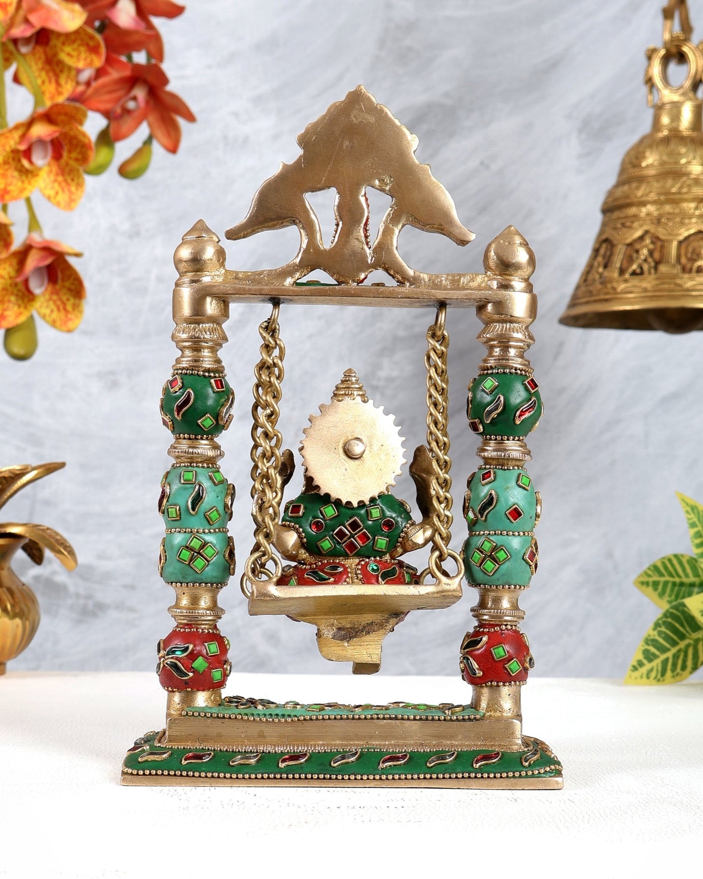 Pure Brass Ganesha on Swing with meenakari – 8 Inch - Budhshiv.com