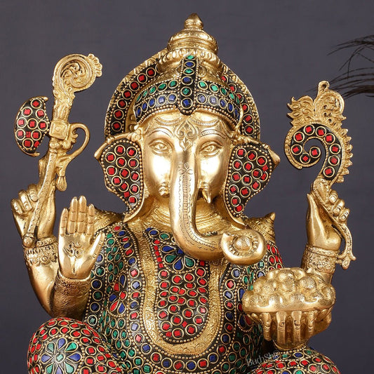 Pure Brass Ganesha Seated on Lotus Idol 11 inch - Budhshiv.com