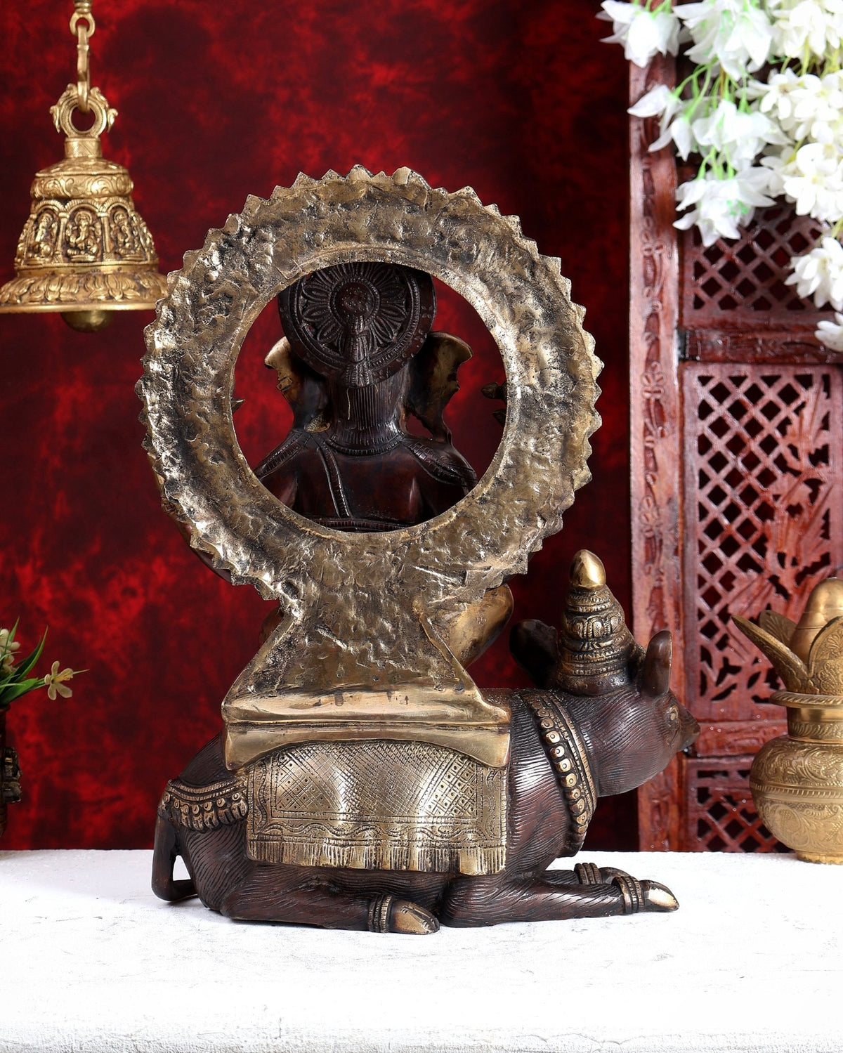 Pure Brass Ganesha sitting on mooshak idol - 16 inch dual tone - Budhshiv.com