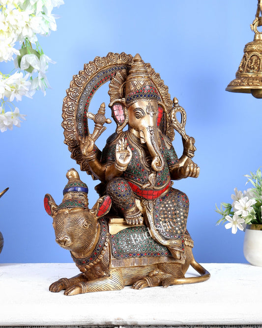 Pure Brass Ganesha sitting on mooshak idol - 16 inch - Budhshiv.com