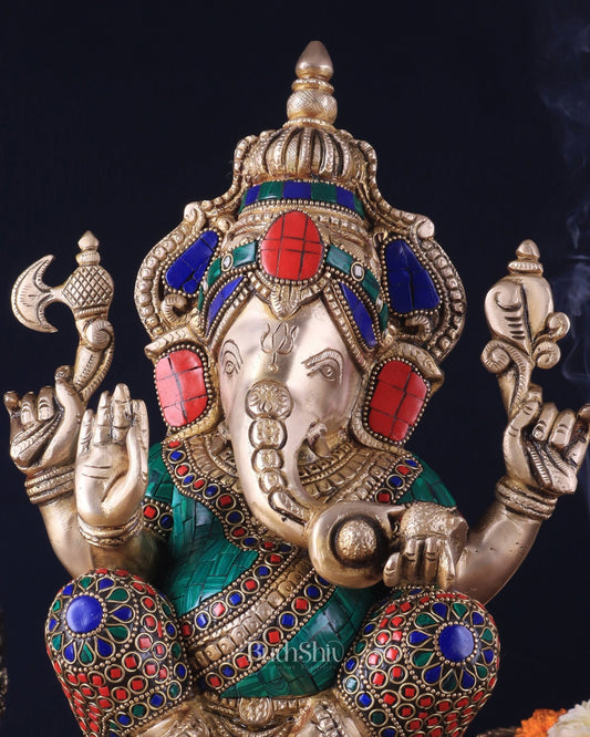 Pure Brass Ganesha Statue 12 inch with stonework - Budhshiv.com