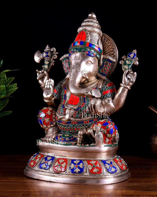 Pure Brass Ganesha Statue – 15 inch Tall stonework - Budhshiv.com