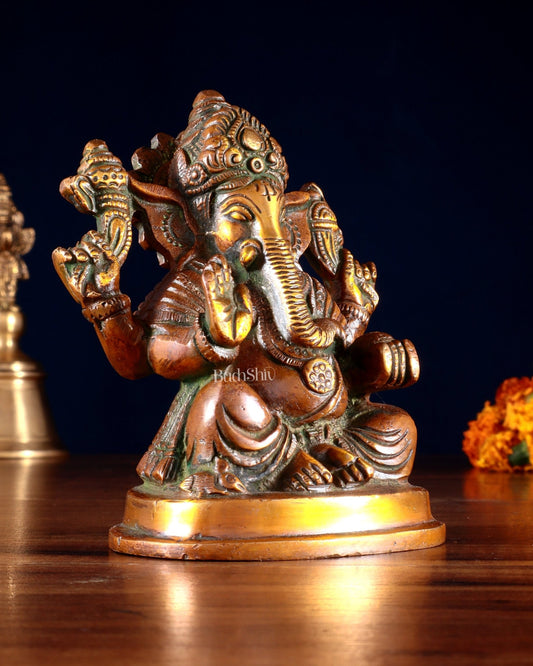 Pure Brass Ganesha Statue dual tone 5" - Budhshiv.com