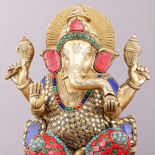 Pure Brass Ganesha Statue with Meenakari – 10 inch - Budhshiv.com