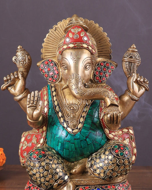 Pure Brass Ganesha Statue with Meenakari Work 10" - Budhshiv.com