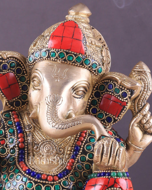 Pure Brass Ganesha Statue with Stonework – 7.5 Inch Elegant Design - Budhshiv.com