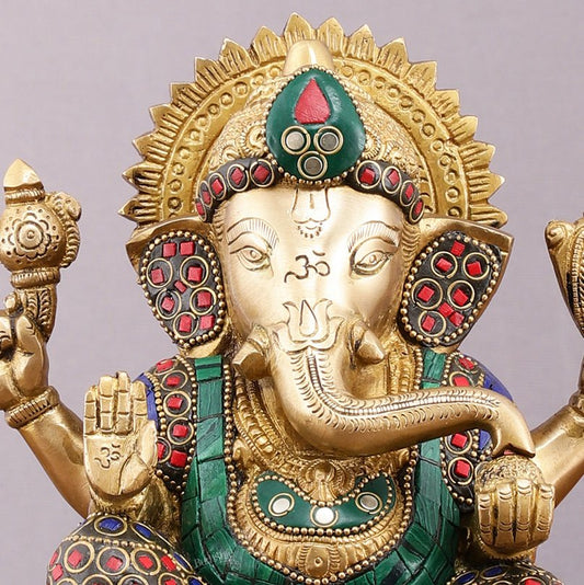 Pure Brass Ganesha Statue with Stonework - 8 Inch - Budhshiv.com