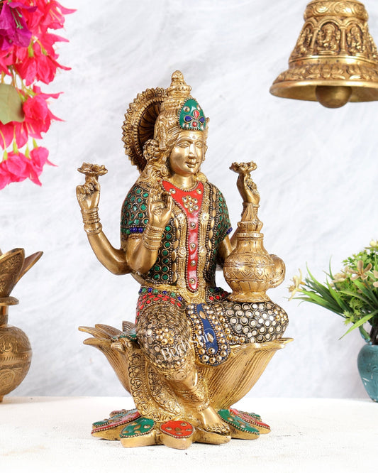 Pure Brass Goddess Dhan Lakshmi Idol - 12" stonework - Budhshiv.com