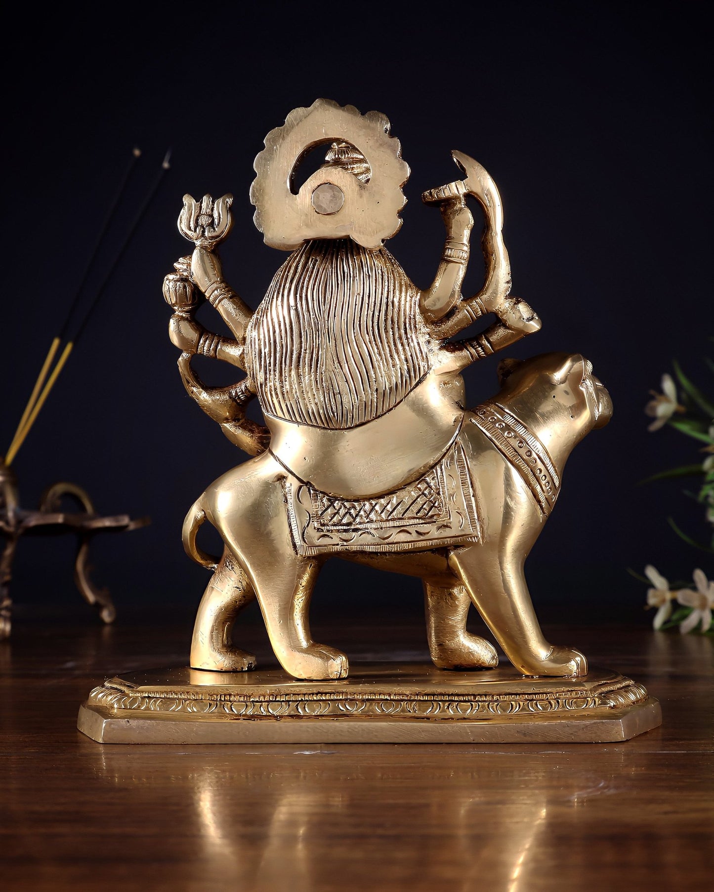 Pure Brass Goddess Durga Seated on Tiger Idol with Base – 5.5” - Budhshiv.com