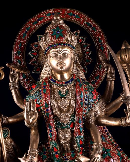 Pure Brass Goddess Durga Statue with floral stone Work - 22 Inch - Budhshiv.com