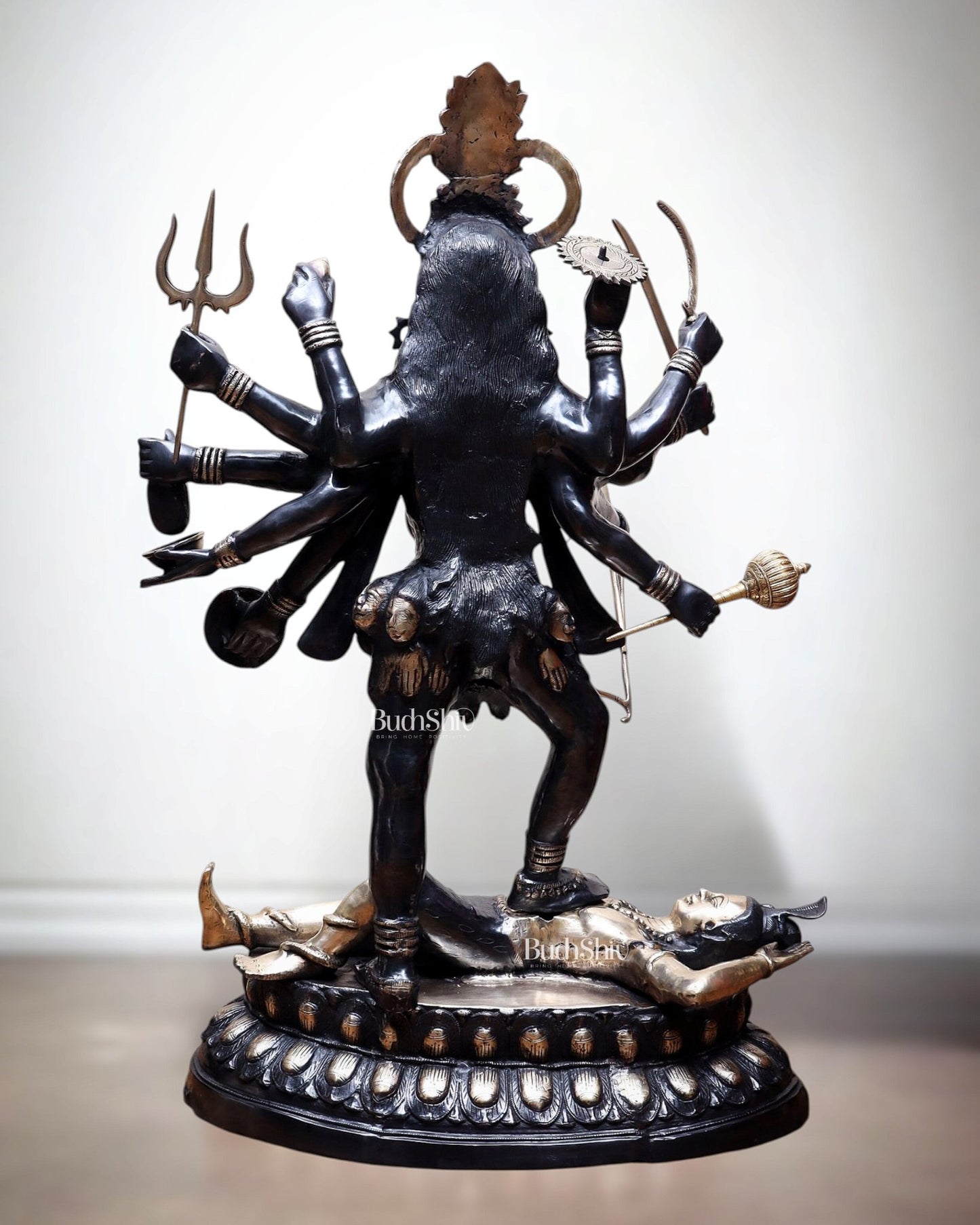 Pure Brass Goddess Kali Dashabhuja (10 Arms) Statue – 43" Black Edition | 64 kg - Budhshiv.com