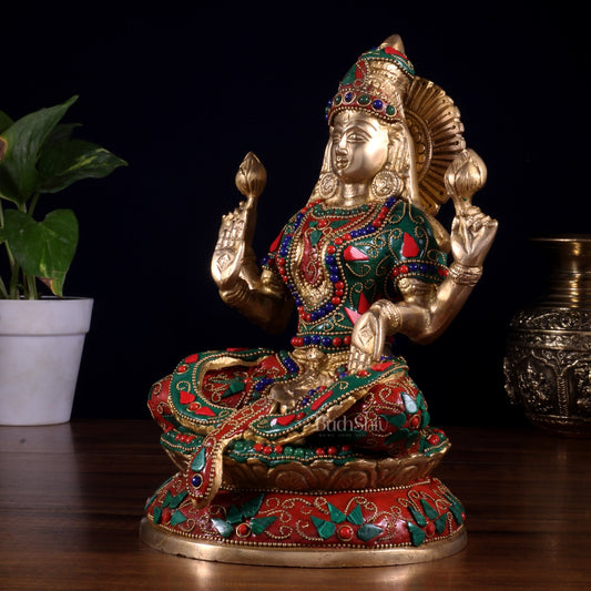 Pure Brass Goddess Lakshmi Idol – Intricate Floral Stonework 9 Inch - Budhshiv.com