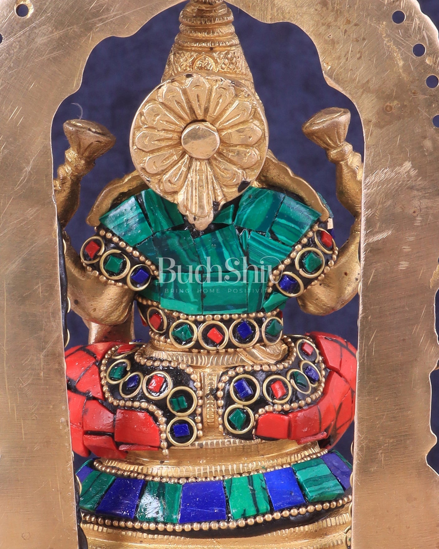 Pure Brass Goddess Lakshmi Idol | Meenakari Stonework 8" - Budhshiv.com