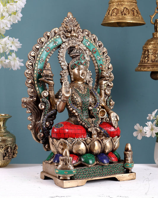 Pure Brass Goddess Lakshmi Statue - 18" with stonework - Budhshiv.com