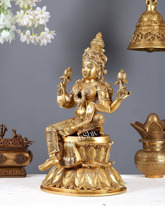 Pure Brass Goddess Lakshmi Statue on lotus 15" - Budhshiv.com