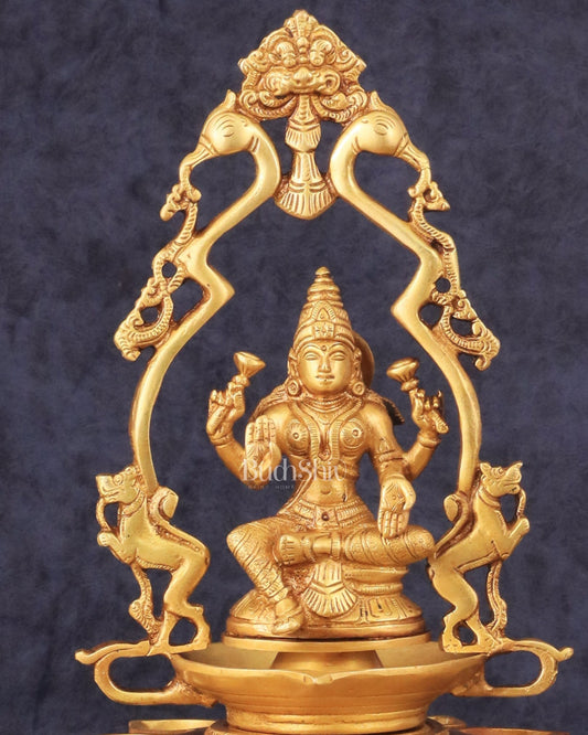 Pure Brass Goddess Lakshmi Statue with Diyas and Thiruvarchi Frame - 12" - Budhshiv.com