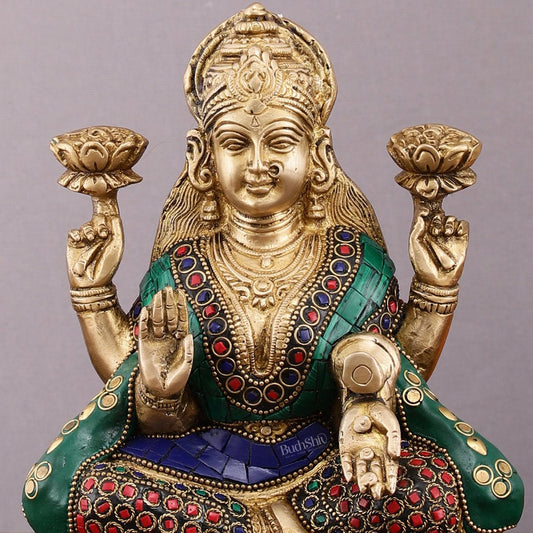 Pure Brass Goddess Lakshmi Statue with Meenakari Stonework – 8 inch - Budhshiv.com