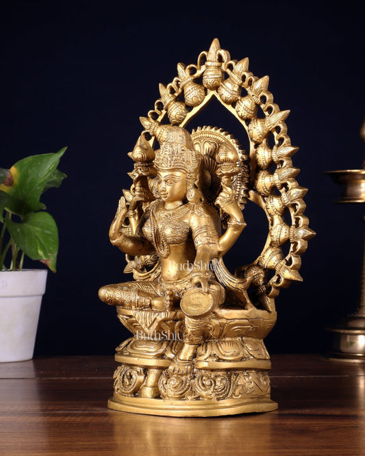 Pure Brass Goddess Lakshmi Statue with Prabhavali – 10.5 Inch - Budhshiv.com