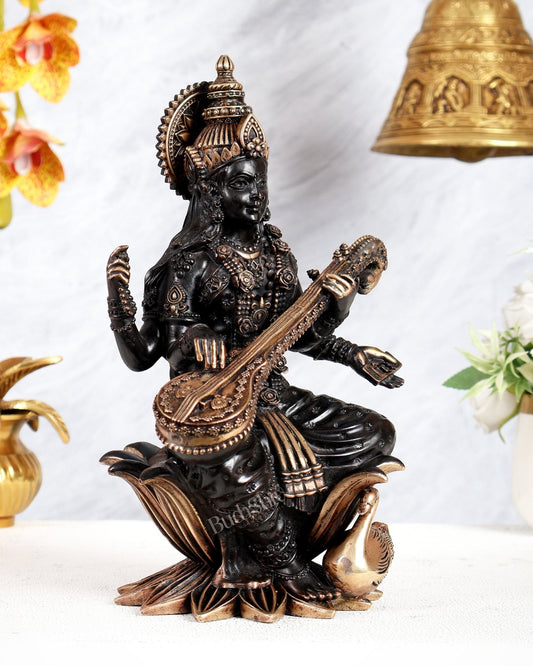 Pure Brass Goddess Saraswati Idol – 10 Inch black finish - Budhshiv.com