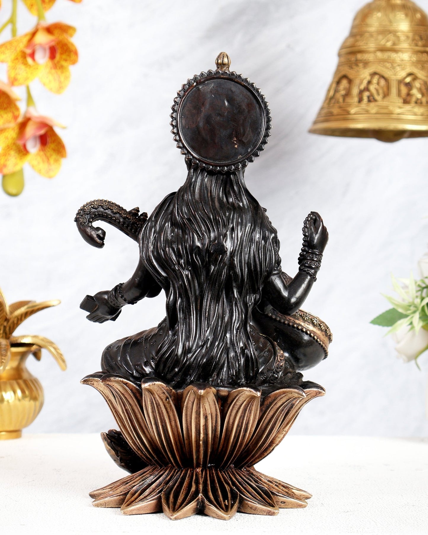 Pure Brass Goddess Saraswati Idol – 10 Inch black finish - Budhshiv.com