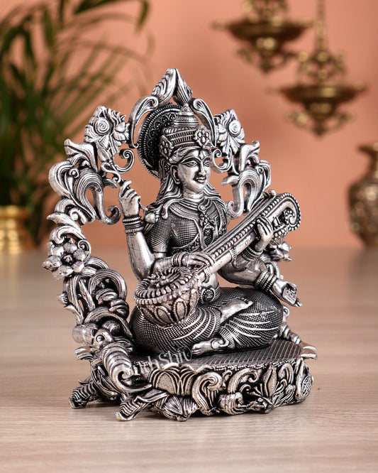 Pure Brass Goddess Saraswati Idol silver plated – 4” superfine - Budhshiv.com