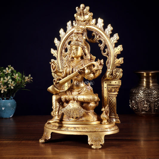 Pure Brass Goddess Saraswati Idol with Prabhavali | 12 Inch - Budhshiv.com