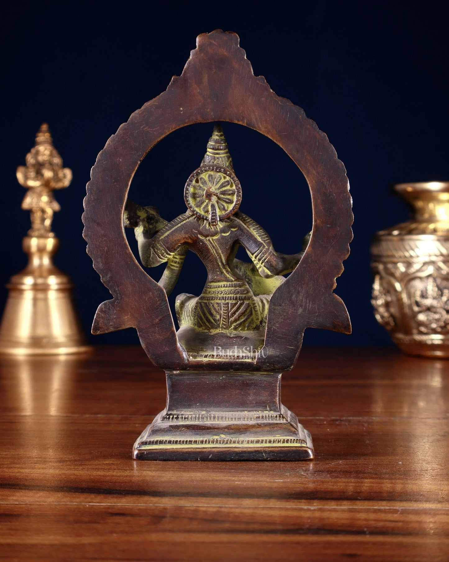 Pure Brass Goddess Saraswati Idol with Prabhavali – Green Tone 6" - Budhshiv.com
