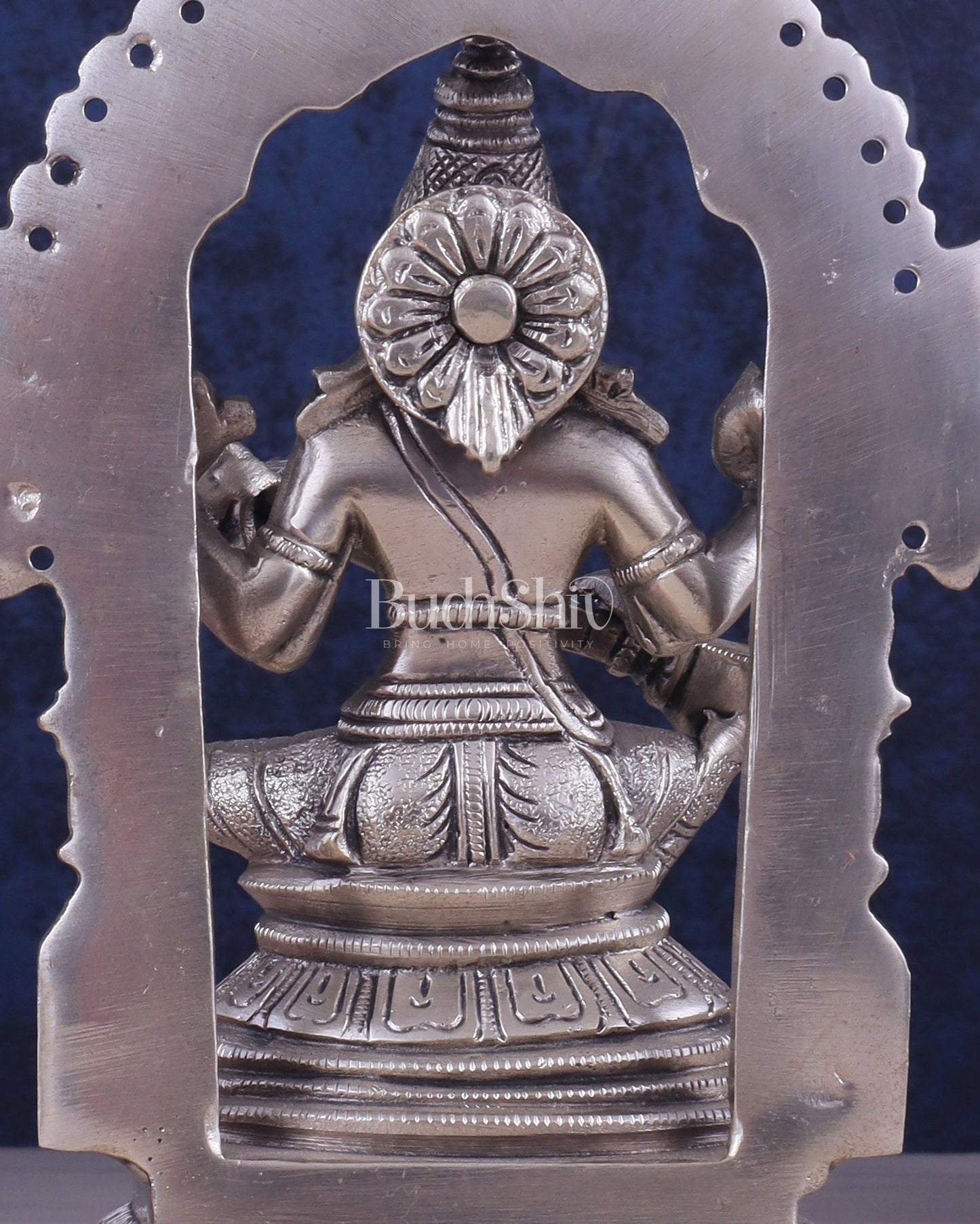 Pure Brass Goddess Saraswati Seated on a Throne – Silver Plated Idol 8.2" - Budhshiv.com