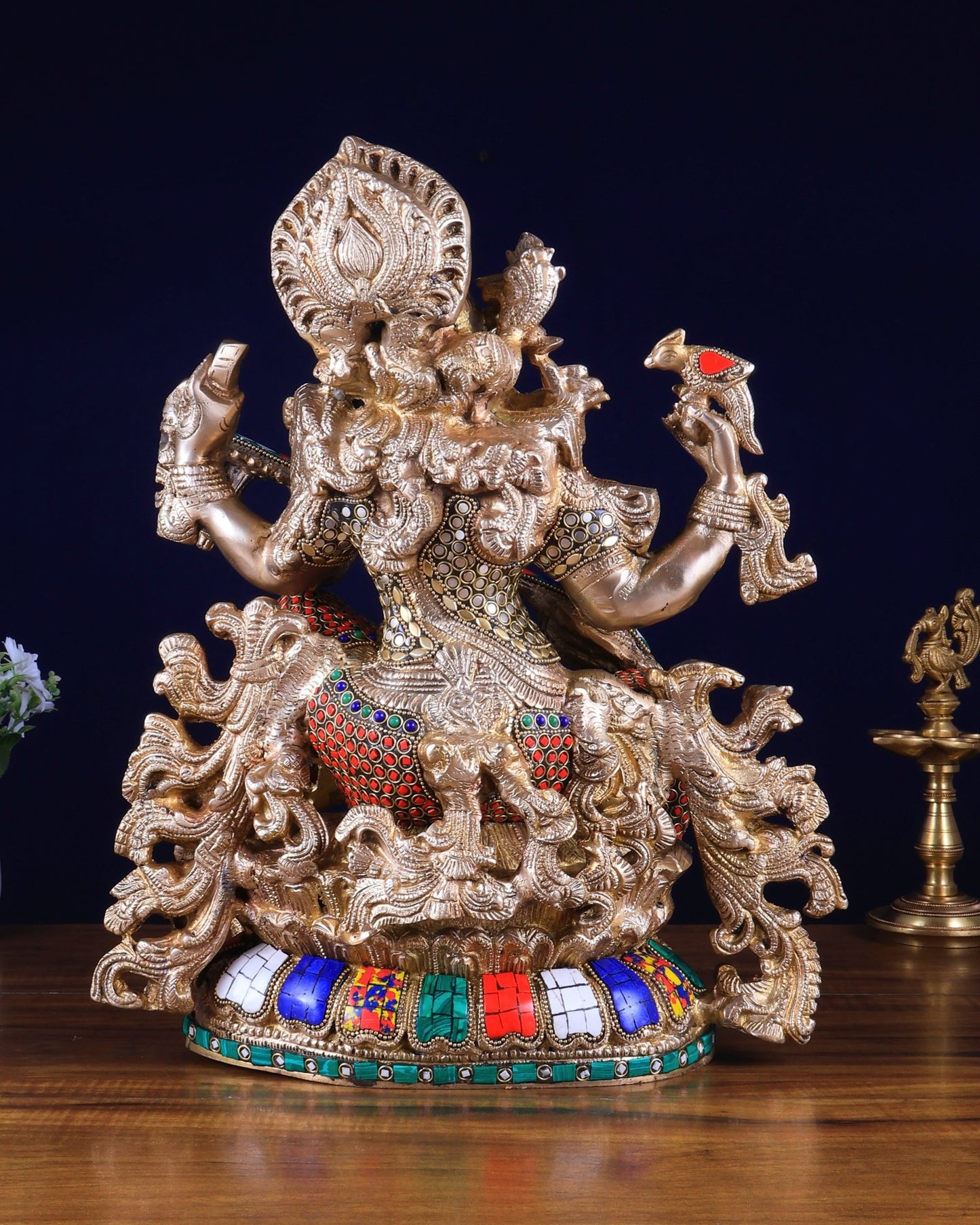 Pure Brass Goddess Saraswati – Unique Design with Stonework (16 Inches) - Budhshiv.com